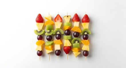 Colorful fresh fruit skewers on a white background