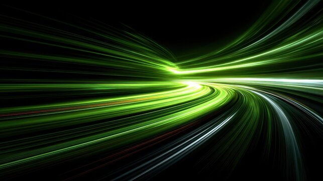 Abstract green light trails on black background, representing speed, technology, and futuristic motion