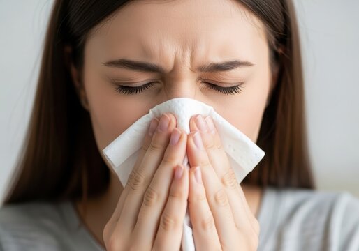 Closeup of a young woman sneezing into a tissue, a worried expression, indicating illness or allergies - Powered by Adobe
