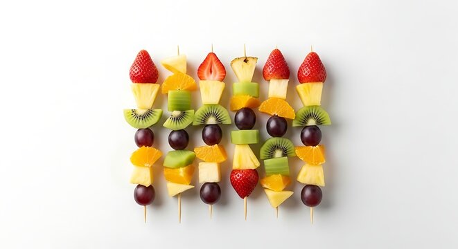 Colorful fresh fruit skewers on a white background