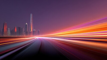 Futuristic cityscape with light trails creating a dynamic and vibrant scene at night, showcasing urban energy