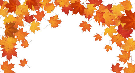 A decorative border of vibrant autumn maple leaves in shades of orange, yellow, and red, creating a festive fall frame against a clean white background.