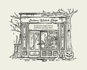 Whimsical hand-dawn Halloween Storefront vector illustration
