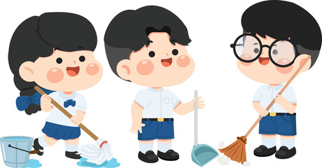 Illustration of Students Cleaning Together