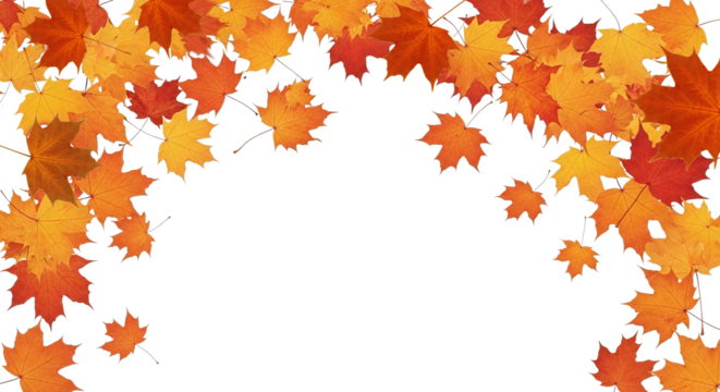 A decorative border of vibrant autumn maple leaves in shades of orange, yellow, and red, creating a festive fall frame against a clean white background.