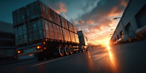 A large semi truck transports goods on a highway at sunset, symbolizing logistics and transportation