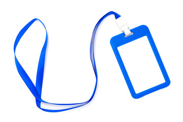 Blue plastic badge with blue ribbon. Template designed for employees and guests of company. ID card isolated on white background