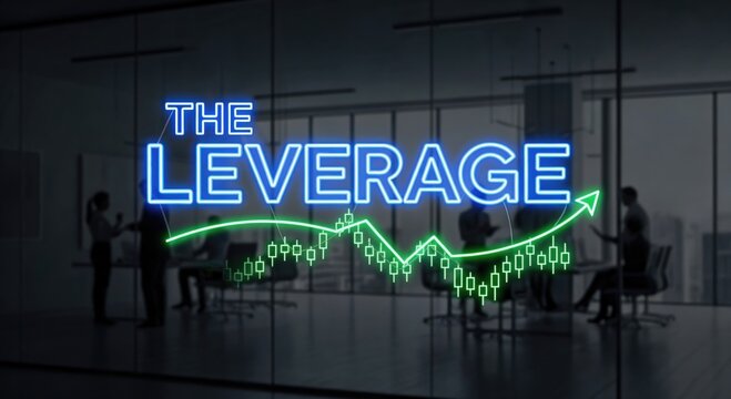 Neon The Leverage Sign in Modern Office Environment with Growth Chart and Collaborative Team Meeting