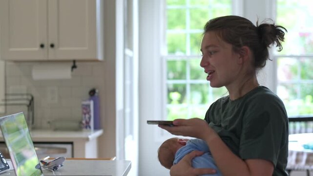 soft kitchen sounds accompany tender lullaby, relaxed mother croons to infant against cozy kitchen setting, calm mother gently sings lullaby while rocking in peaceful kitchen environment