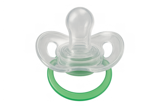 Baby pacifier with a clear silicone teat and green handle, essential childcare item for infants, isolated on transparent background