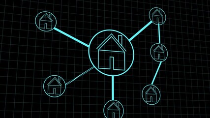Network of Cyan Houses Connected by Lines on a Grid animation Background home icon. Cyan house icons connected in a digital grid with animated lines, highlighting real estate networks or futuristic . - Powered by Adobe