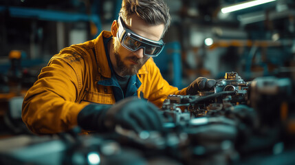 a mechanic using smart AR glasses to repair a car engine