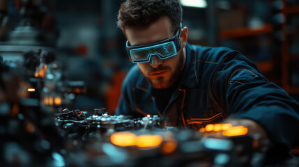 a mechanic using smart AR glasses to repair a car engine