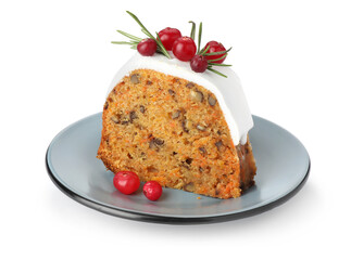 Piece of delicious Christmas cake with icing, cranberries and rosemary isolated on white