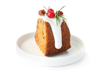 Piece of delicious Christmas cake with icing, cranberries and rosemary isolated on white
