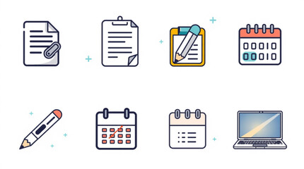 Illustration of documents calendar and laptop icons in a flat design style on a white background created with generated ai