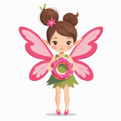 a tiny fairy holding a pink donut as a heart ring