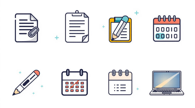 Illustration of documents calendar and laptop icons in a flat design style on a white background created with generated ai - Powered by Adobe