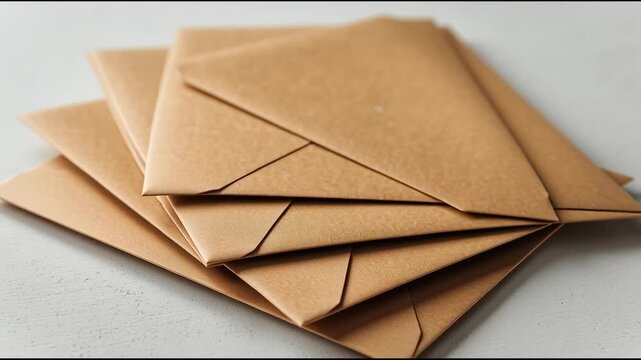 High-resolution photo of a stack of empty brown envelopes on a white surface. Letters and communication concept.