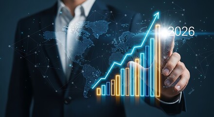 Businessman pointing at a glowing 3d bar chart with an upward trend line and the year 2026 overlay