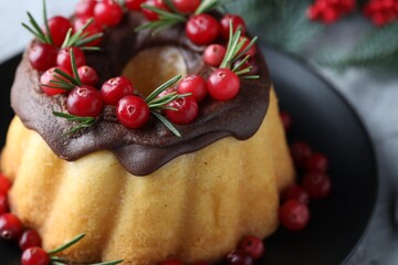 Delicious Christmas cake with chocolate glaze, cranberries and rosemary on grey table, closeup