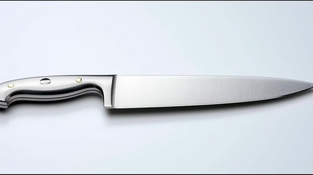 Isolated shot of a stainless steel kitchen knife on white background, sharp and reflective details.