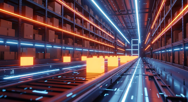 Automated conveyor belt transports cardboard boxes in modern warehouse, illuminated with orange and blue lights.