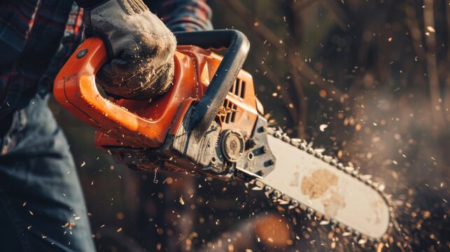 Close-up of a person using an orange chainsaw cutting wood with sparks flying, focusing on the tool and gloved hands.