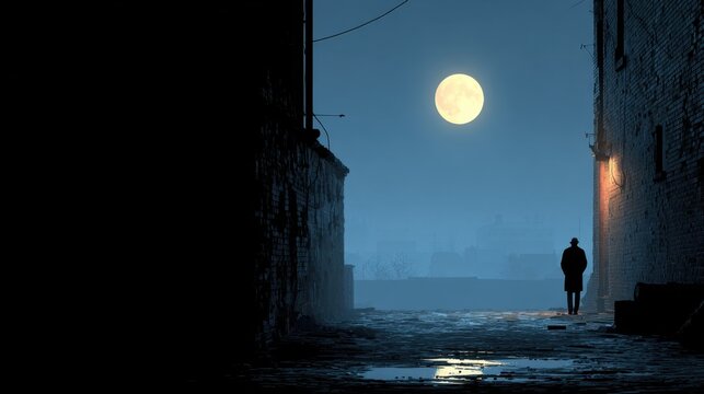 Silhouette of man in trench coat walking down a moonlit brick alley at night in an urban environment, under a full Moon - Powered by Adobe