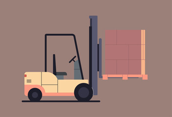 Forklift lifting pallet boxes symbolizing warehouse logistics, industrial transport, cargo management, and material handling process flat vector illustration. © PaleStudio
