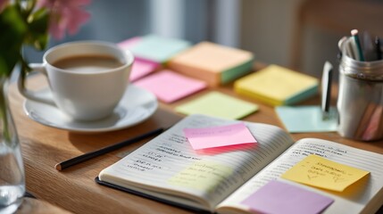 Working at a desk with coffee, notes, and colorful sticky reminders in a bright setting