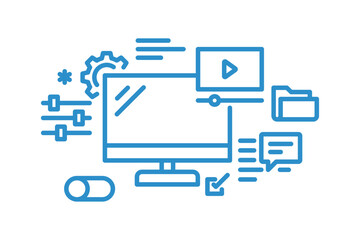 Computer monitor with video, chat, file, and settings icons representing multimedia interface, online communication, digital management and creative workflow flat vector illustration.