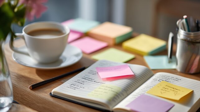 Working at a desk with coffee, notes, and colorful sticky reminders in a bright setting