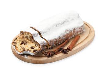 Traditional Christmas Stollen with icing sugar and spices isolated on white