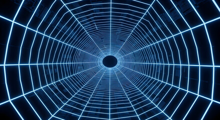 Abstract Blue Neon Grid Tunnel: Digital Network
