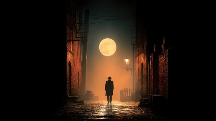 Silhouette of man in trench coat walking down a moonlit brick alley at night in an urban environment, under a full Moon
