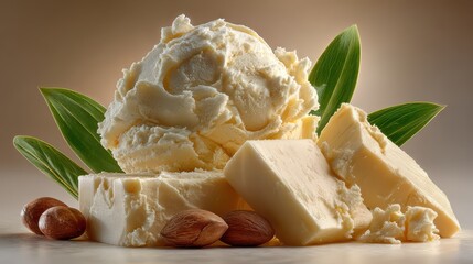 Delicious mascarpone cheese with almonds and green leaves, a creamy delight for dessert lovers and foodies
