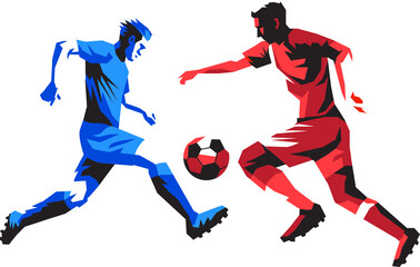 Soccer match vector, two team players in action, football competition dynamic illustration design