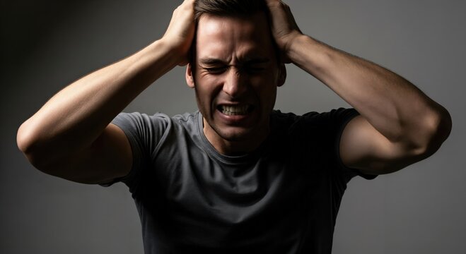 Emotional Stress Expression in Adult Male with Hands on Head Reflecting Anxiety and Distress