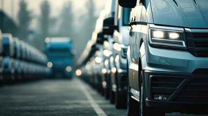A row of vans parked in a lot, with a truck in the background, showcasing commercial vehicles
