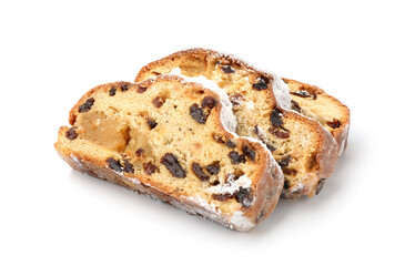 Pieces of traditional Christmas Stollen with icing sugar isolated on white