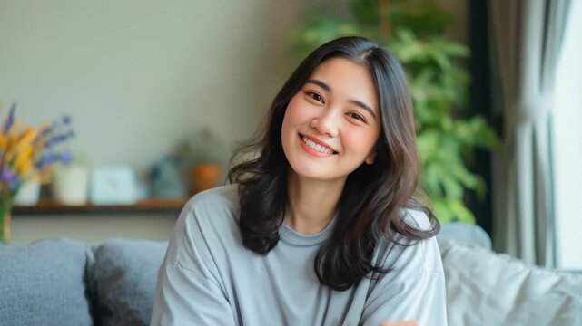 A beautiful young Asian woman with long dark hair is captured in a half-length shot, beaming with a radiant, confident smile directly at the camera. She rests her chin gently on her hand, exuding a ge