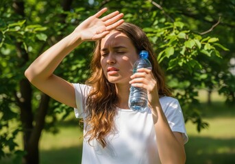 Young woman shielding her eyes the sun holding a bottle of water on a hot summer day