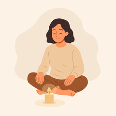 Woman sitting cross-legged and calmly watching a candle flame. Peaceful atmosphere, mindfulness and inner balance in minimal cozy illustration.