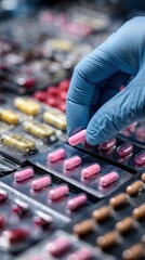 Gloved hand selecting pink capsules from organized blister packs in pharmaceutical workspace ideal for healthcare supply visuals, medical production themes and clinical research content