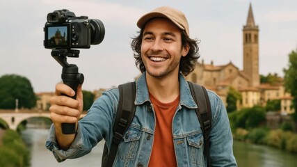 A smiling traveler films a video with a handheld camera, capturing a scenic town. The eye-level angle emphasizes the picturesque background.