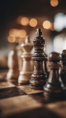 Close-up of wooden chess pieces standing on a classic board under warm ambient light creating a strategic atmosphere ideal for business planning visuals and leadership concepts