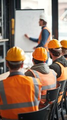 Group of construction workers in safety helmets attending a training session indoors with instructor explaining plans useful for workplace safety materials and industrial education visuals