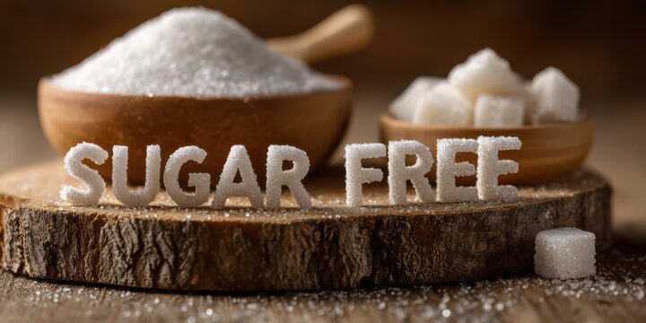 Sugar free text with sugar cubes and powder in wooden bowls on wooden background