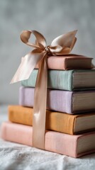 Stack of colorful wrapped books tied with a satin ribbon creating a gift concept suitable for education reading culture holiday presents and creative literary visuals
